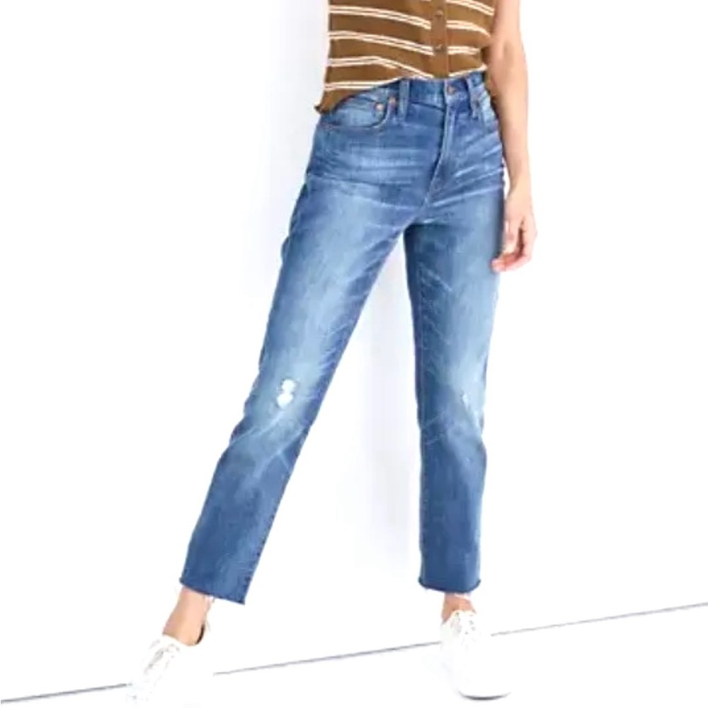 Madewell High Rise Crop Slim Boy Jeans Raw Blue Denim  SZ 25  EUC